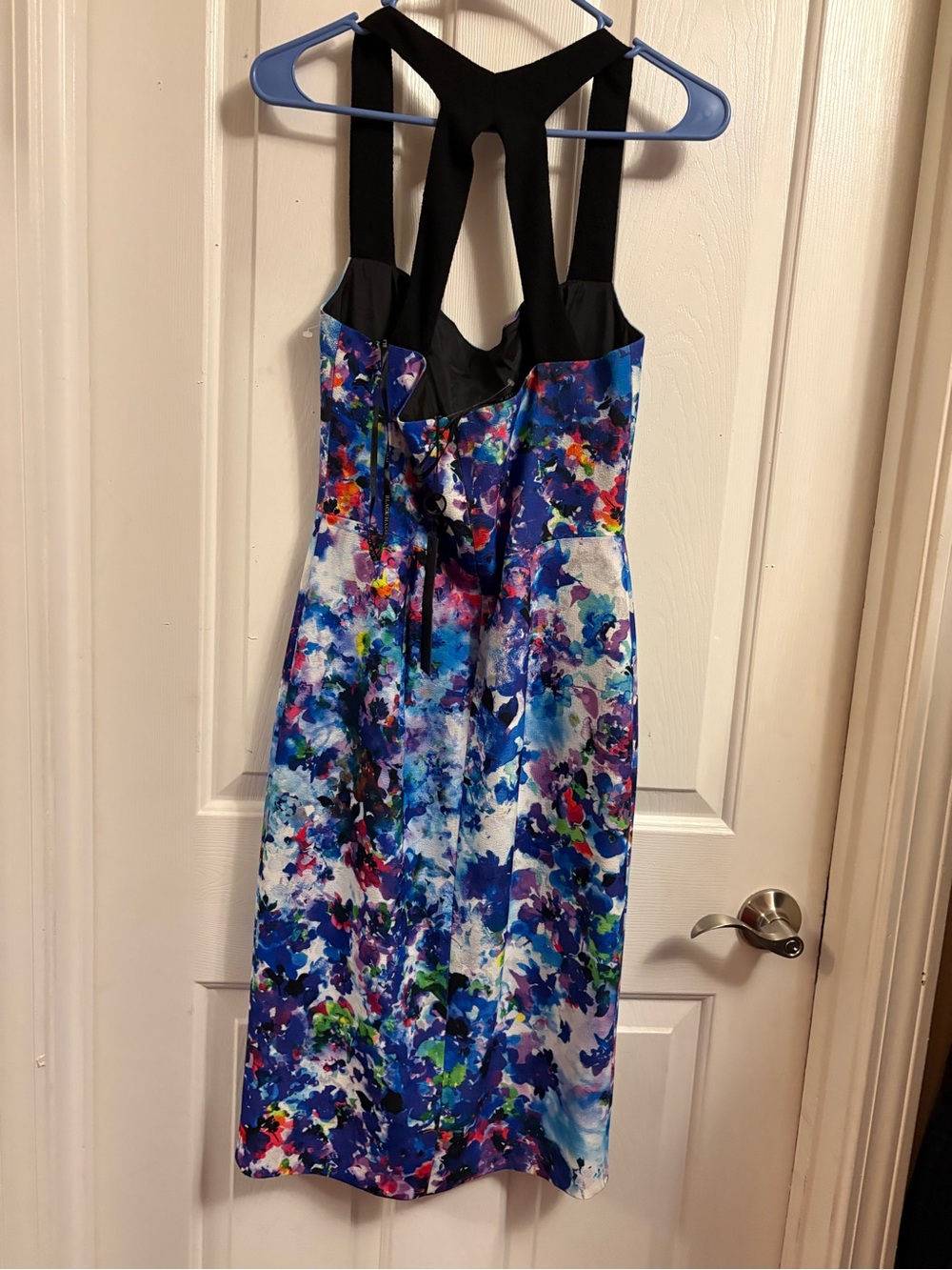 Black Halo Blue Multicolor Paint-Effect Midi Dress with Black Straps